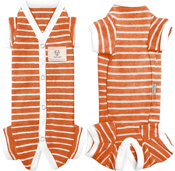 TONY HOBY Female/Male Pet Dog Pajamas Stripes 4 Legged Dog pjs Jumpsuit Soft Cotton Dogs Clothes(S, Orange+White-Girls)