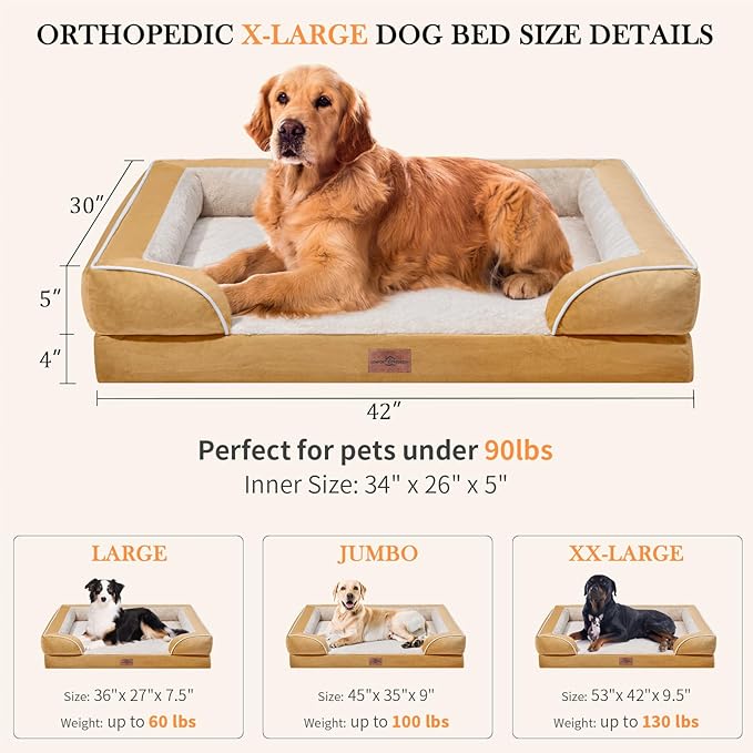 Comfort Expression Extra Large Dog Beds, XL Dog Beds Waterproof, Orthopedic Washable Dogs Beds with Bolster, Pet Sofa Couch with Removable Cover & Non-Slip Bottom(X-Large,Khaki)