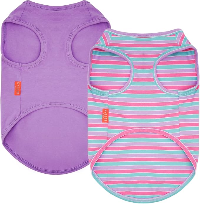 KYEESE 2Pack Dog Shirts Small Tee Soft for Small Dogs Striped T Shirt Lightweight Sleeveless Vest Cotton Tank Top Clothes, Large,Purple+Striped