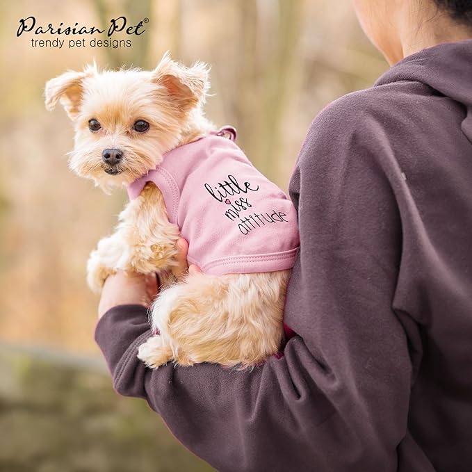 Parisian Pet Dog Tshirt - Embroidered “Little Miss Attitude“ Tank Top - 100% Cotton, Lightweight Dog Clothes Female - Sleeveless Pink Tee Shirts for Medium Dogs Girl - M