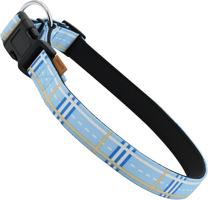 Dog Collar, Cute Stripe Pattern, Neoprene Padded and Adjustable Collar with Quick Release Buckle, Reinforced Structure (L (Neck 18-28", Width 1"), Stripe Blue)