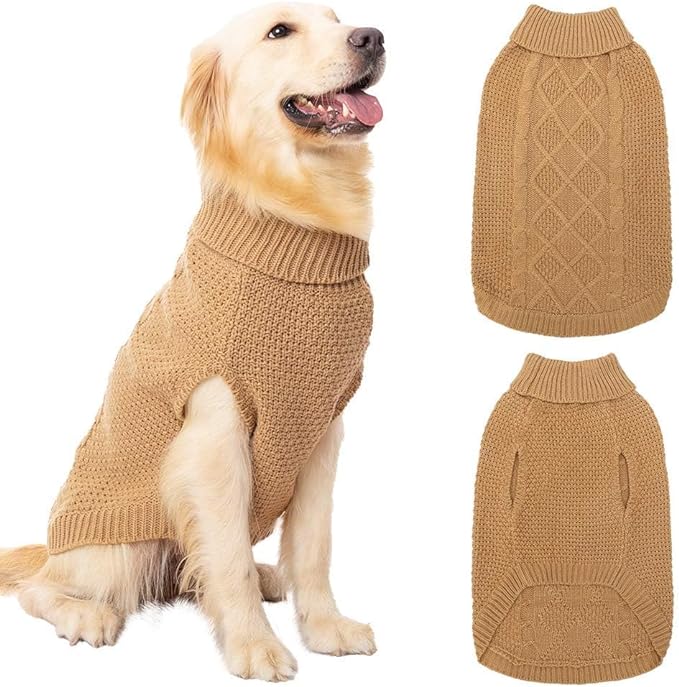 Mihachi Turtleneck Dog Sweater - Winter Coat Apparel Classic Cable Knit Clothes with Leash Hole for Cold Weather, Ideal Gift for Pet in New Year Khaki