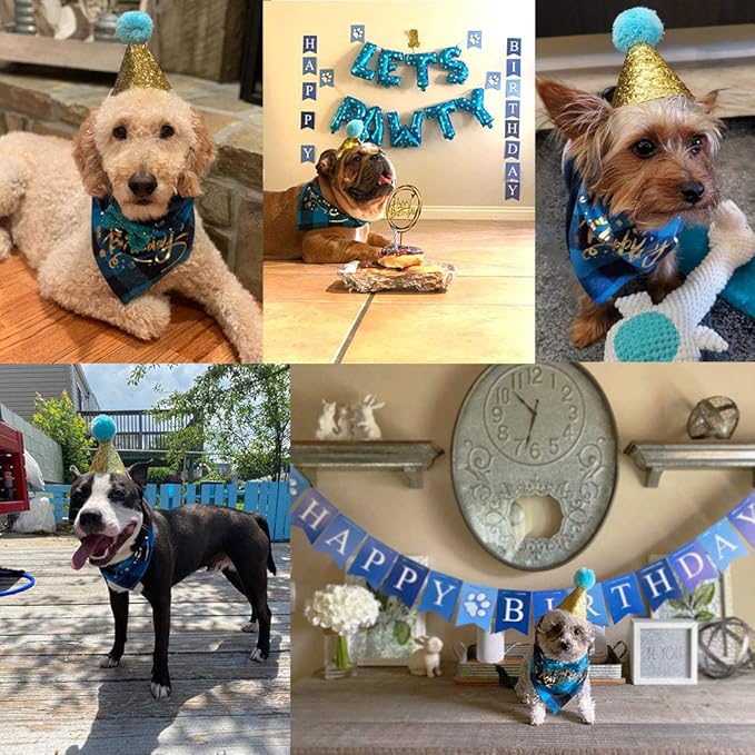 ADOGGYGO Dog Birthday Boy Bandana, Puppy 1st Birthday Party Supplies, Pet Party Hat Scarf Bowtie Banner Set for Small Medium Dogs (Small&Medium)