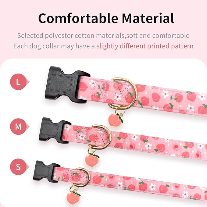 Cotton Dog Collar,Soft and Cute Puppy Collars with Peach Patterned Design for Girl Female Boy Dogs,Adjustable Buckle Pet Collar for Small Medium Large Dogs (Pink Peach, Medium)