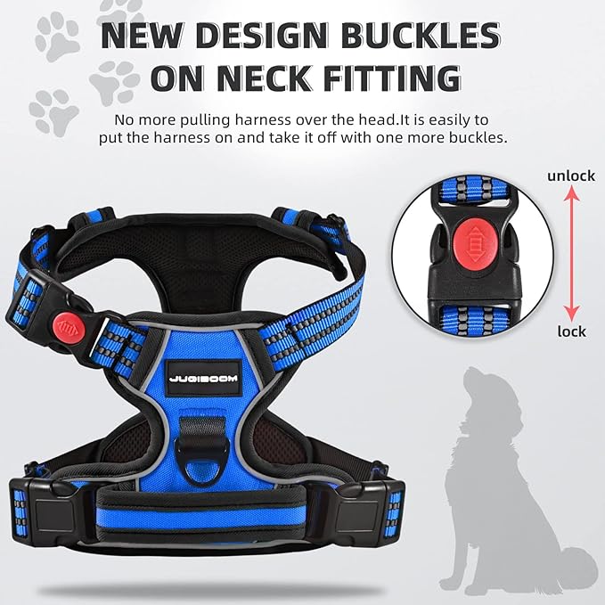 No Pull Dog Harness with A Free Heavy Duty 5ft Dog Leash, Adjustable Soft Padded Dog Vest, Reflective No-Choke Pet Oxford Vest with Easy Control Handle for Small and Large Dogs (Blue, Medium)