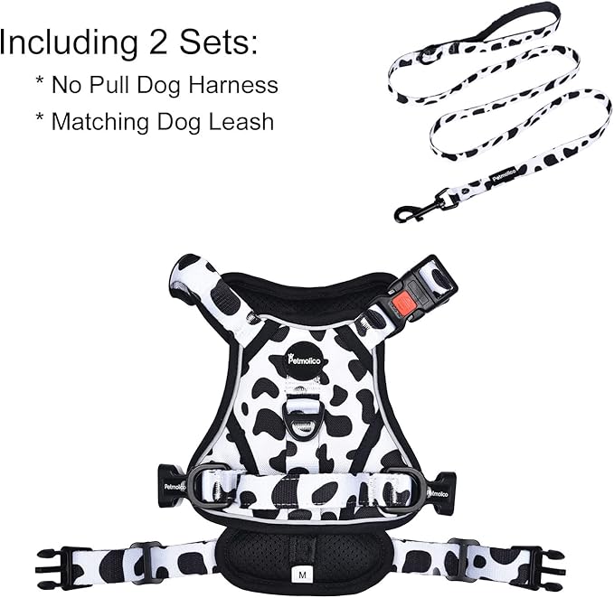 Petmolico No Pull Dog Harness and Leash Set, No Choke 4 Leash Attchments Easy Control Handle Soft Padded Reflective Vest Dog Harness for Small Dog Breed, Cow Pattern Small