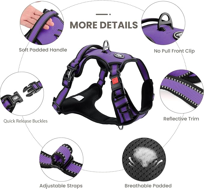 FURRYFECTION Dog Harness | No Pull Dog Harness | Reflective Oxford | Padded Handle | 4 Adjustable Straps | 2 Leash Clips | No Choke Pet Vest Harness for Small Medium Large Dogs | Purple | M