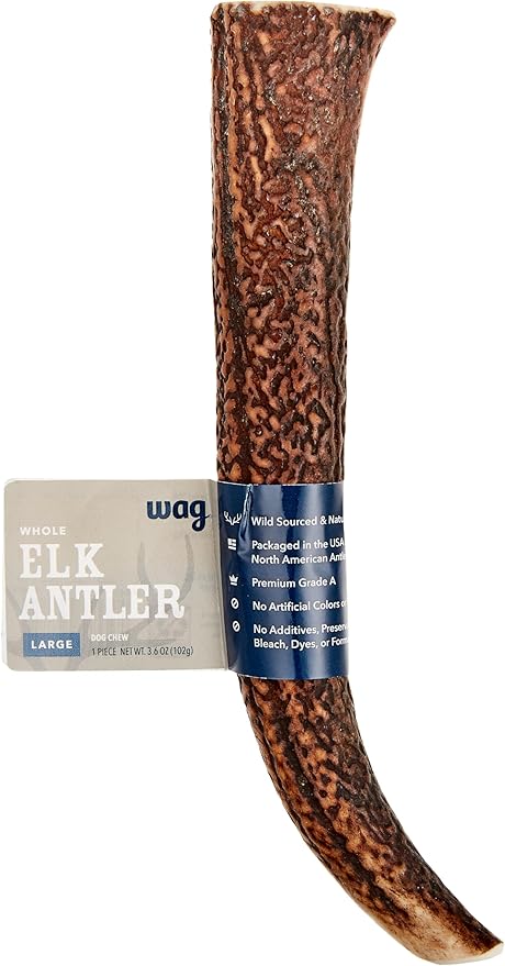 Amazon Brand - Wag Dog Elk Antler Chew, Naturally Shed, Whole, Large 8-9.5 inches, Long Lasting for Aggressive Chewers, Best for Dogs 30-45 lbs, 3.60 Ounce (Pack of 1)