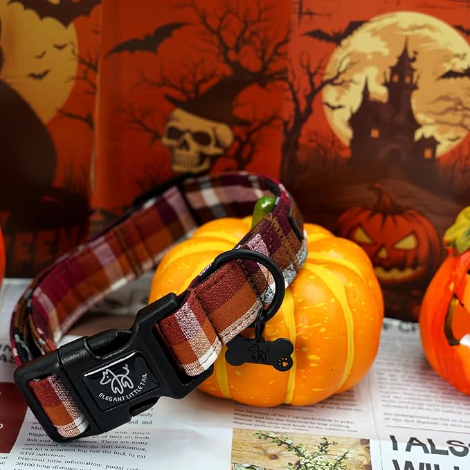 Elegant little tail Fall Dog Collar, Plaid Puppy Collars Fall Yellow Male Cute Puppy Adjustable Cotton Pet Collar with Quick Release Buckle for Small Medium Large Dogs