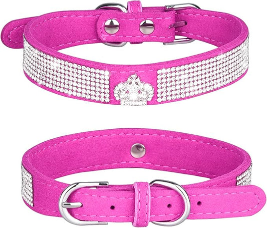Rhinestone Dog Collar, Cute Dazzling Sparkling Soft Suede Leather Dog Cat Rhinestone Collar Crystal Diamond Pet Dog Puppy Collar (M, Hot Pink-4), Medium