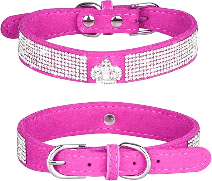 Rhinestone Dog Collar, Cute Dazzling Sparkling Soft Suede Leather Dog Cat Rhinestone Collar Crystal Diamond Pet Dog Puppy Collar (L, Hot Pink-4)