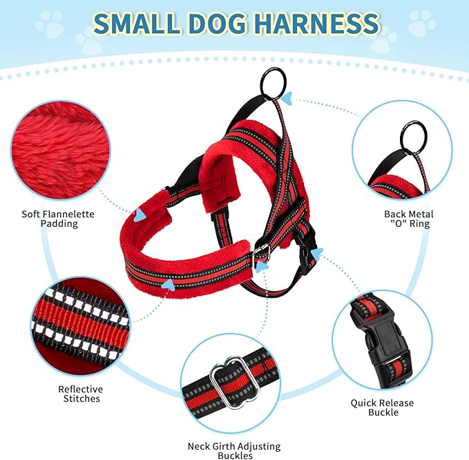 SlowTon No Pull Small Dog Harness and Leash Set, Puppy Soft Vest Harness Neck & Chest Adjustable, Reflective Lightweight Harness & Anti-Twist Pet Lead Combo for Small Medium Dogs (Red, XS)