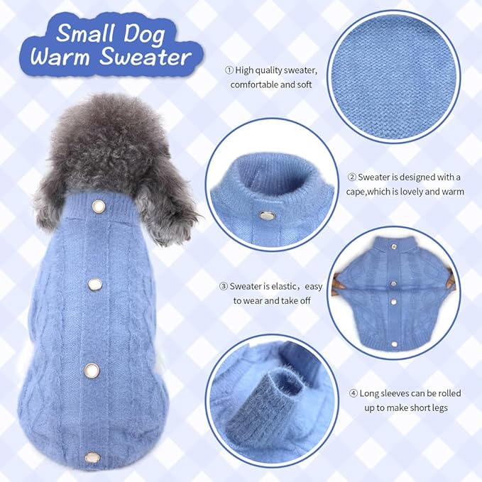 Turtleneck Dog Pullover Sweater - Dog Knitted Sweater with Buttons, Puppy Outfits Blue Winter Warm Pet Clothes Cat Apparel for Small Medium Dogs Cats (Blue, XL)