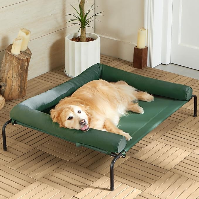 Cooling Elevated Dog Bed for Large Dogs – Waterproof Raised Dog Cot with Slope Headrest, Breathable Teslin Mesh, Durable & Portable Pet Bed for Indoor and Outdoor Use, Green