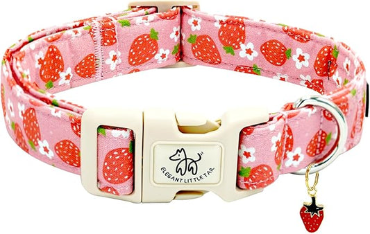 Elegant little tail Dog Collar, Strawberry Pattern Pet Collar Pink Durable Spring Female Spring Collar Adjustable Cotton Pet Collar with Quick Release Buckle for Small Dogs