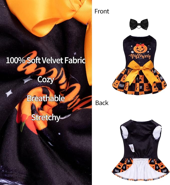 CuteBone Dog Dresses Velvet Holiday Small Dogs Clothes Onesie Pet Apparel Girl Puppy Skirt with Bow Hair Rope CVA24XS-D