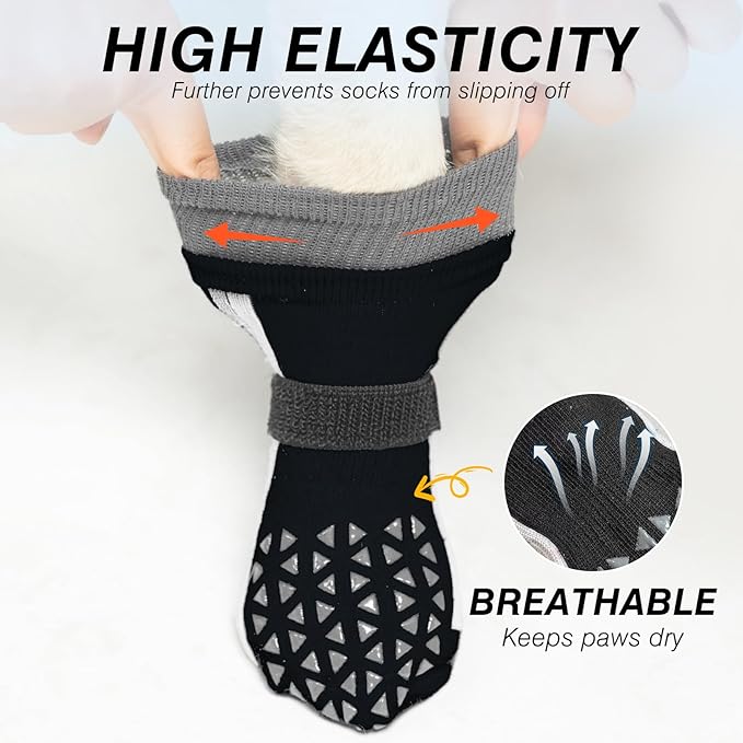 SCENEREAL Anti Slip Dog Socks for Hot Pavement to Prevent Licking Paws, Long Sporty Style Reflective Dog Grip Socks for Hardwood Floors, Dog Shoes Booties&Paw Protector for Large Senior Dog, Black L