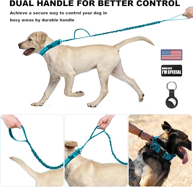 Tactical Dog Collar and Bungee Leash,Military Dog Collar & Leash Set with USA American Flag Adjustable K9 Collar with Heavy Duty Metal Buckle & Handle,with Patches and Airtags Case (Light Blue, M)