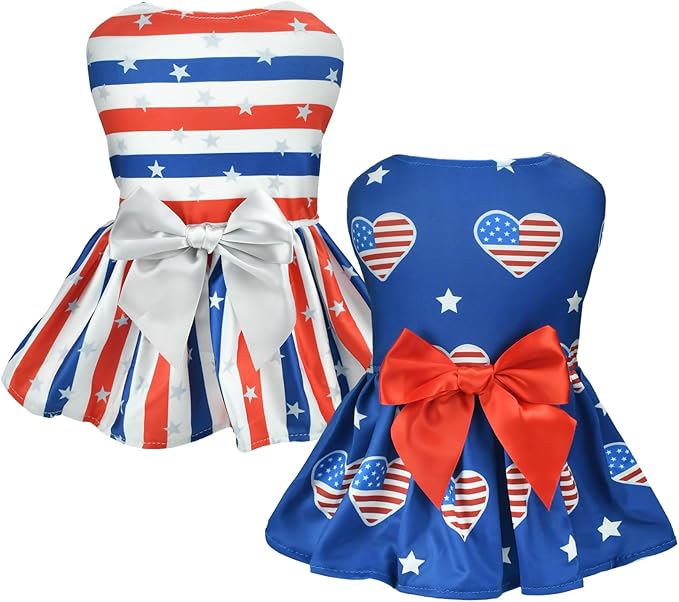 Vehomy 2-Pack 4th of July Dog Dresse American Flag Pattern Puppy Dress with Bow Independence Day Dog Skirt Stars & Stripes Dog Pet Holiday Outfit Apparel Clothes for Small Medium Dogs Cats XL