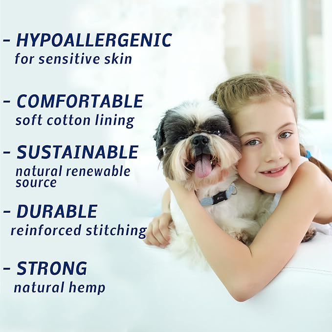 Lt Blue Hemp Dog Collar and Leash Set - Hypoallergenic Dog Collar - Comfortable for Sensitive Skin or Allergies with no Harsh Dyes or Chemicals - 5 Sizes from X-Small to x-Large Breeds