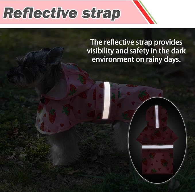 KOOLTAIL Dog Raincoat Hooded Slicker Poncho with Leash Hole, Waterproof Dog Rain Jacket, Reflective Strip, Adjustable Breathable Puppy Rainwear - Strawberry M