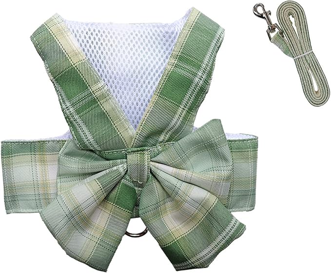 Dog Harness and Leash Set, Cute Bow Tie Plaid Harnesses for Puppy Cat, Adjustable Pet Kitties Vest, Breathable Harness Traction Rope for Boy Girl Small Animal(Harness Green,L for 8.8-12.1lbs Dog)
