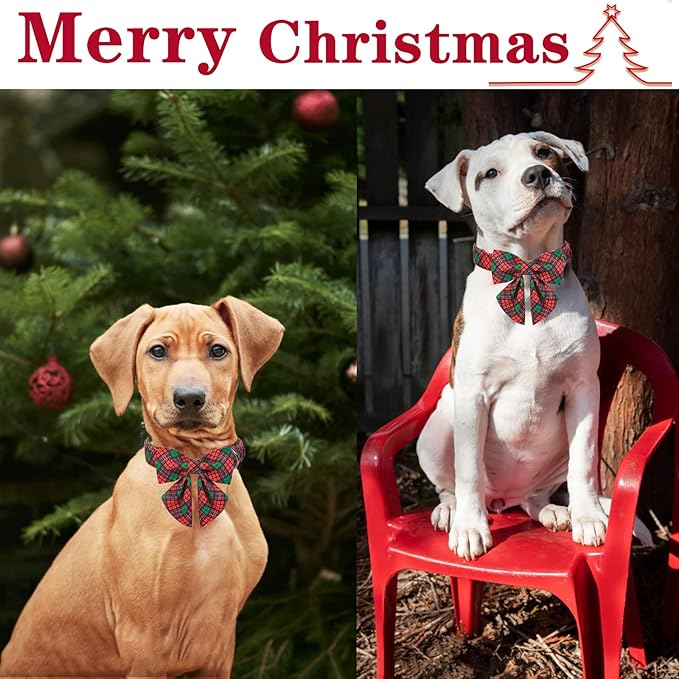 Unique style paws Christmas Dog Collar with Tie Red Green Plaid Adjustable Cotton Puppy Collar for Small Medium Large Dogs-XS