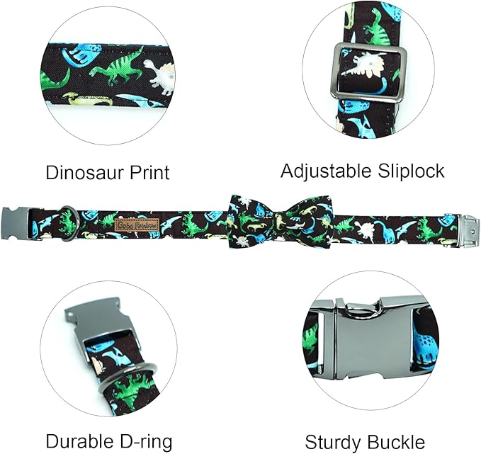 Dinosaur Print Dog Collar with Bow Tie - Soft, Cute, Adjustable Metal Buckle Collar for X-Large Dogs