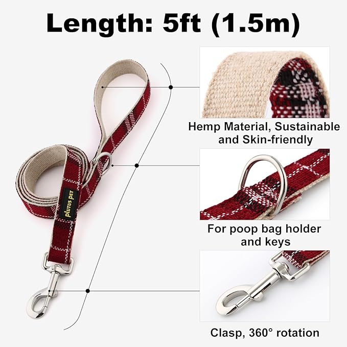 Plutus Pet Cotton Hemp Dog Collar and Leash Set, Adjustable Collar for Small, Medium, and Large Dogs, Heavy Duty and Soft on Skin, Red Plaid, M