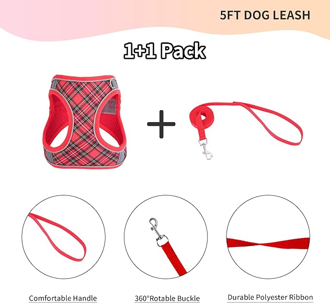 No Pull Dog Harness and Leash Set for Extra-Small Dogs Puppy Cats Ajustable Classic Plaid Dog Vest Harness Soft Mesh Reflective Step-in Harness Escape Proof for Walking Red XS