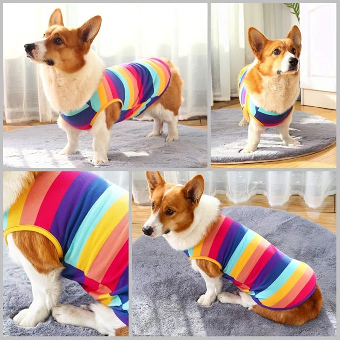 Dog Shirts Cotton Striped T-Shirts, Breathable Basic Vest for Puppy and Cat, Super Soft Stretchable Doggy Tee Tank Top Sleeveless, Fashion & Cute Color for Boys and Girls (XS, Rainbow)
