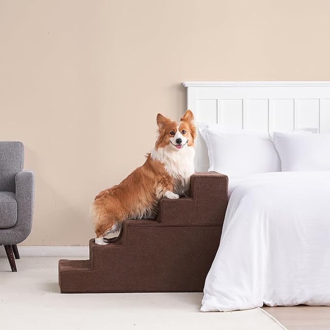 EHEYCIGA Dog Stairs for High Bed 25”H, 5-Step Extra Wide Dog Steps for Bed, Pet Steps for Small Dogs and Cats, Non-Slip Balanced Dog Indoor Ramp, Brown