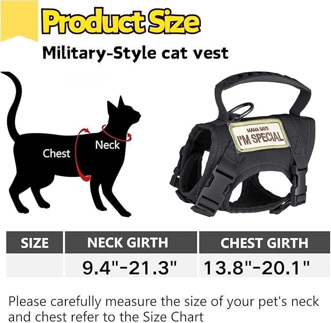 Tactical Cat Harness and Leash Soft Mesh Cat Outdoor Walking Vest Adjustable Large Cat Vest with Rubber Handle Easy to Control for Large Cat, Puppy, and Small Dog (Black)