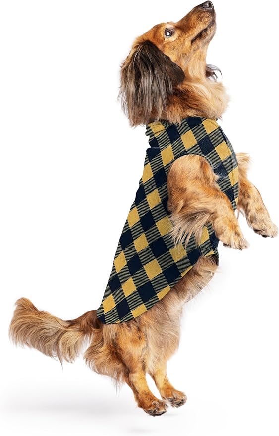 Stretch Fleece Dog Coat, Stretchy Pet Sweater, Machine Washable Pullover for Winter and Fall, Gold Buffalo Check, 12