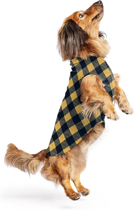 Stretch Fleece Dog Coat, Stretchy Pet Sweater, Machine Washable Pullover for Winter and Fall, Gold Buffalo Check, 12