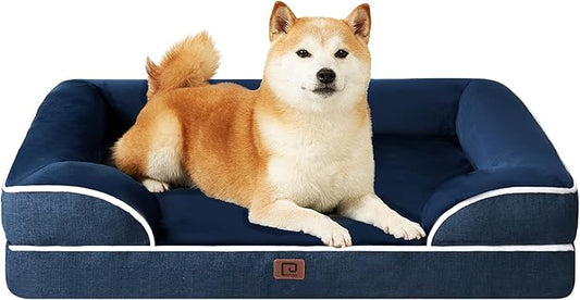 EHEYCIGA Orthopedic Dog Beds for Large Dogs, Waterproof Memory Foam Large Pet Bed with Sides, Non-Slip Bottom and Egg-Crate Foam Dog Couch Bed with Washable Removable Cover, Navy