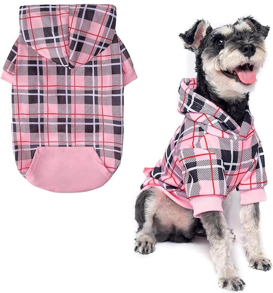EXPAWLORER Plaid Dog Hoodie - British Style Warm Dog Sweater Shirt with Leash Hole,Pitbull Clothes Outfits,Winter Coat Apparel for All Breeds Puppy Girl Boy-Cat Apparel