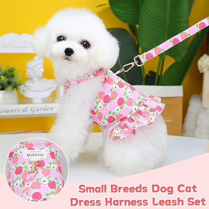 Small Dog Dress Harness and Leash Set Cute Princess Birthday Dog Dresses Soft Fruit Print Puppy Dresses Girl Dog Clothes for Small Dogs Cats Chihuahua Yorkie Shih Tzu (Pink Apple,S)