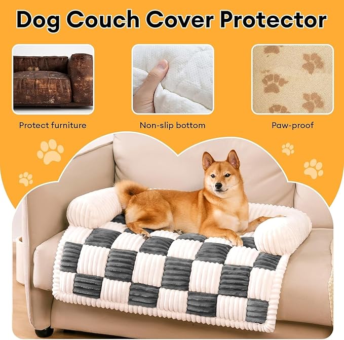 FUNNY FUZZY Pet Couch Covers for Sofa, Dog Couch Cover Bed Washable Plush Pets Mat for Furniture Protector Cream Square Plaid Cozy Sofa Pad for Cats, Medium, Black