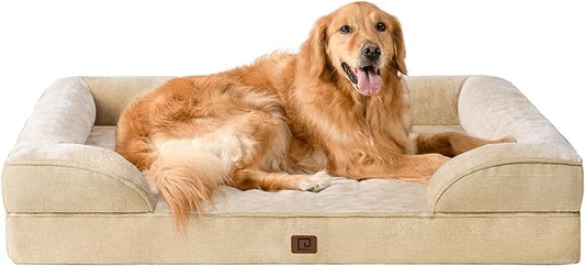 EHEYCIGA Orthopedic Dog Beds for Large Dogs, Waterproof Memory Foam Large Dog Bed with Sides, Non-Slip Bottom and Egg-Crate Foam Pet Couch Bed with Washable Removable Cover, Greige