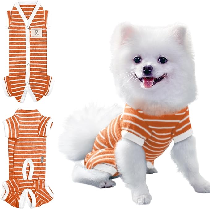 TONY HOBY Male Pet Dog Pajamas Stripes 4 Legged Dog pjs Jumpsuit Soft Cotton Dogs Clothes(M, Orange+White-Boys)