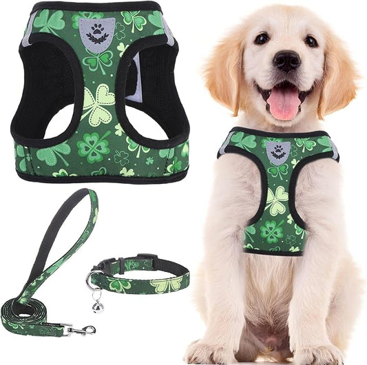 PUPTECK Adjustable Dog Harness Collar and Leash Set Step in No Pull Pet Harness for Small Medium Dogs Puppy and Cats Outdoor Walking Running, Soft Mesh Padded Reflective Vest St. Patrick's Harnesses