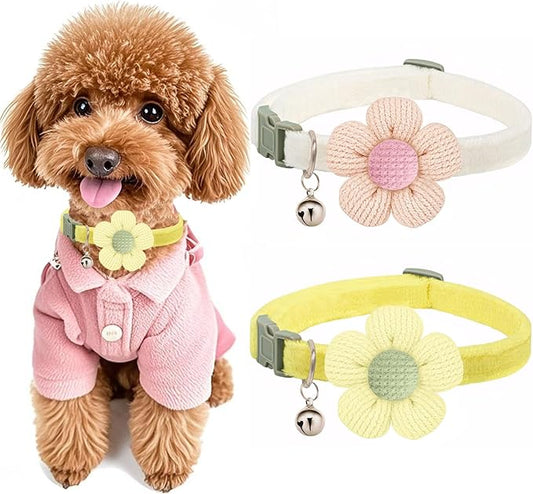 Small Dog Collar with Flower, Puppy Collars for Litter, XS Dog Collars for Small Dogs with Bell for Girl Boy Little Dog (White + Yellow)