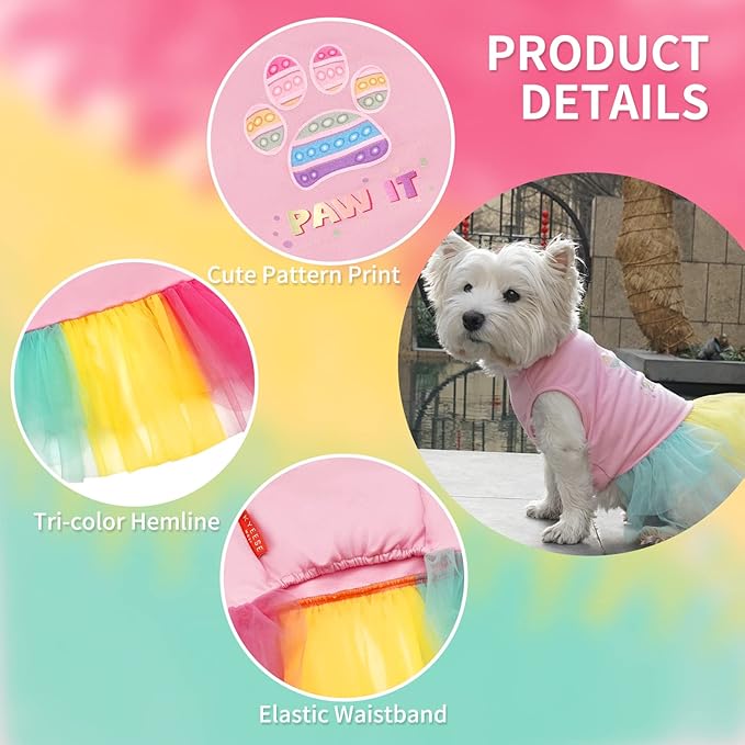 KYEESE Dog Dress Rainbow Tulle Lightweight Dog Dress for Pride Month Small Dogs Doggie Sundress Party Birthday Dogs Dress Skirt L