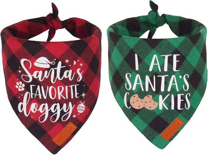 PTDECOR 2 Pack Dog Christmas Bandanas, Classic Red Green Plaid Pet Scarf Triangle Bibs Kerchief Christmas Bandanas for Small Dogs Pets (Small)