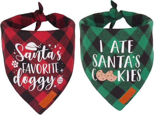 PTDECOR 2 Pack Dog Christmas Bandanas, Classic Red Green Plaid Pet Scarf Triangle Bibs Kerchief Christmas Bandanas for Medium Large Dogs Pets (Large)