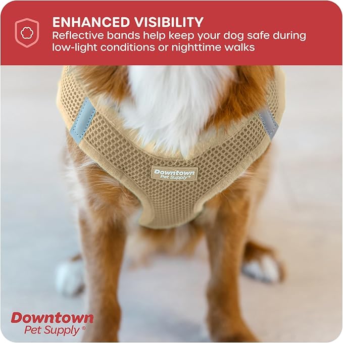 Downtown Pet Supply Step in Dog Harness for Small Dogs No Pull, Large, Khaki - Adjustable Harness with Padded Mesh Fabric and Reflective Trim - Buckle Strap Harness for Dogs