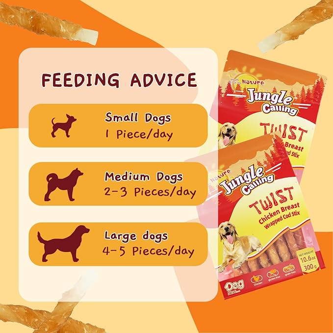 Jungle Calling Rawhide Free Treats for Dogs, Chicken Wrapped Cod Sticks Dog Treats, Soft Chewy Treats for Training Rewards, 10.6 oz (Chicken)