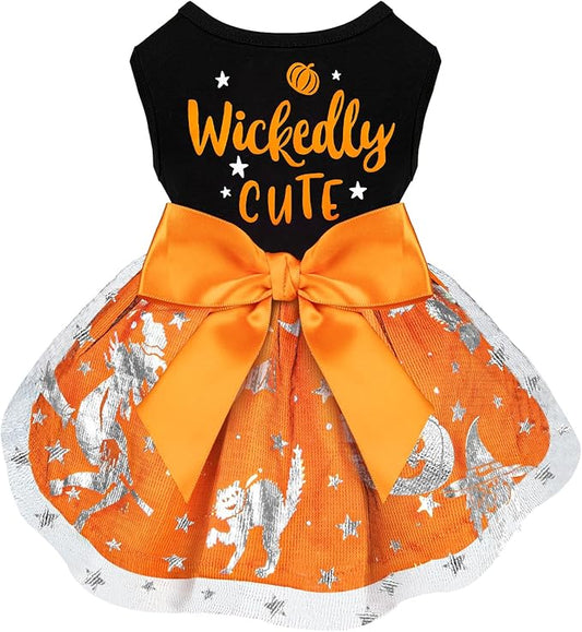 Wickedly Cute Dog Dresses - Halloween & Christmas Pumpkin Witch Bat Costume for Small & Large Dogs (XX-Small, Wickedly Cute)