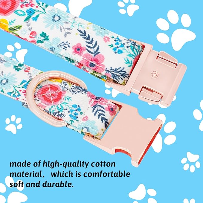 Dog Collar and Leash Set Girls Adjustable Puppy Collars with Floral Bow Tie for Small Medium Large Female Dogs, Teal Flower, L